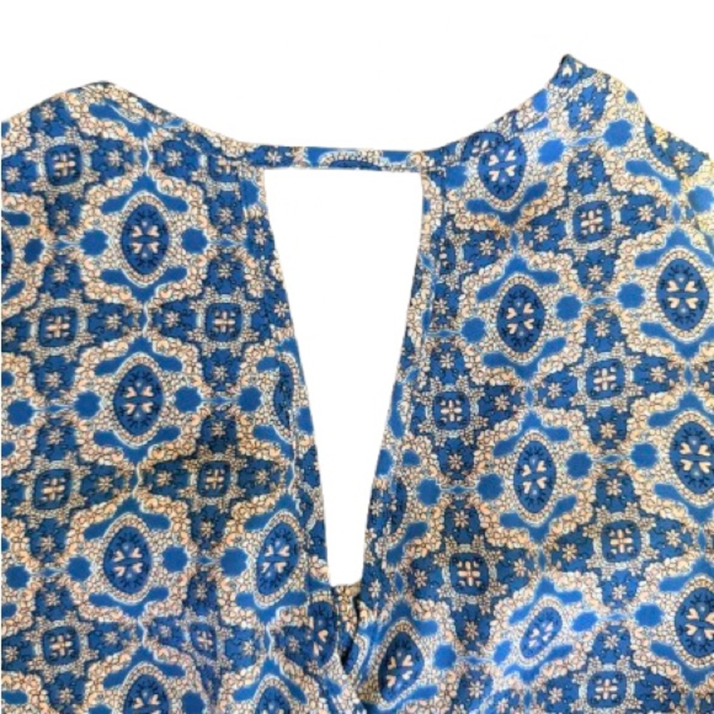 Lush Blue White Print Fit & Flare Mini Dress Boho Flutter Sleeve Size M - Picture 2 of 6